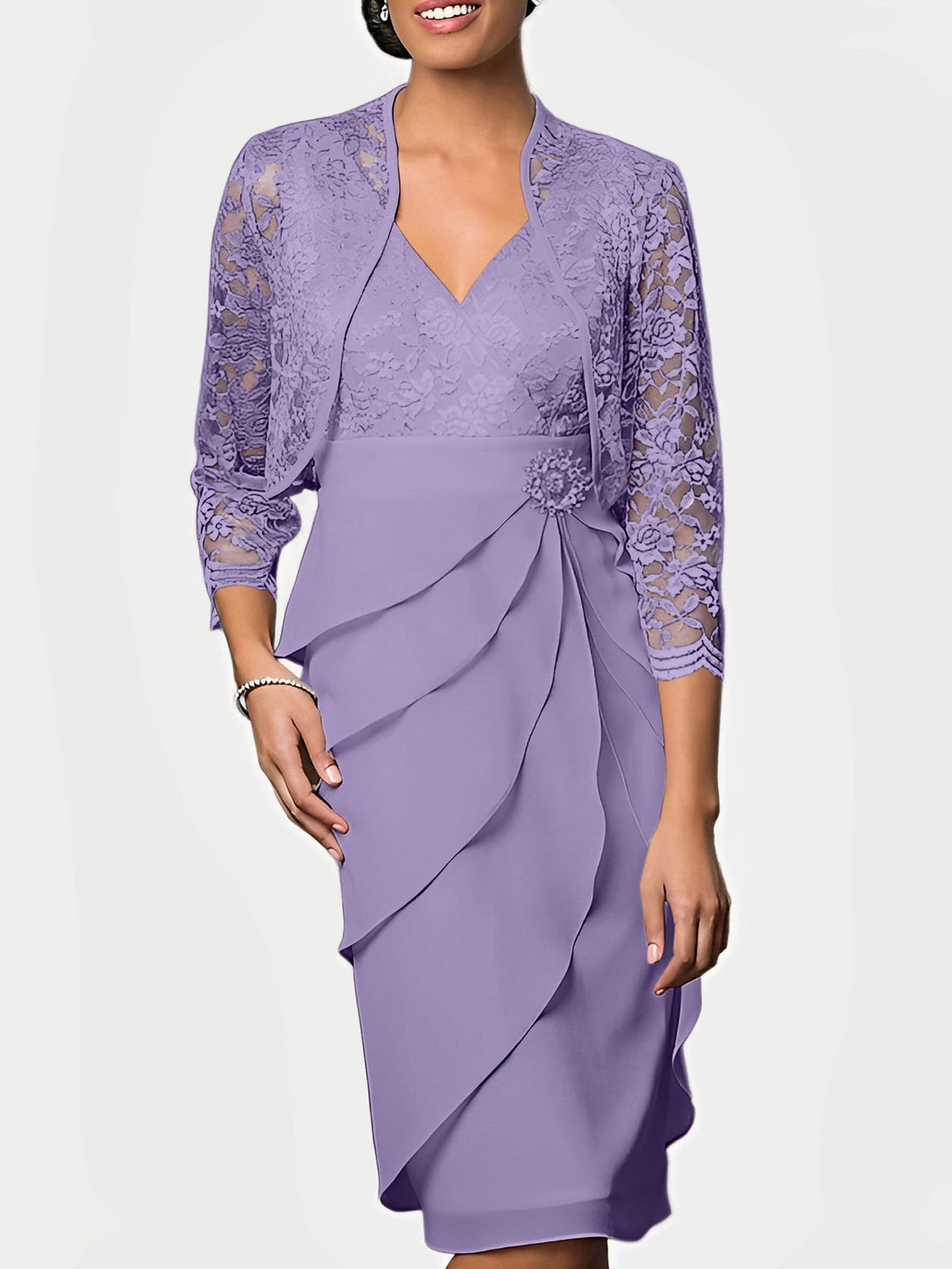 Knee Length V Neck Sheath Mother of the Bride Column Dress
