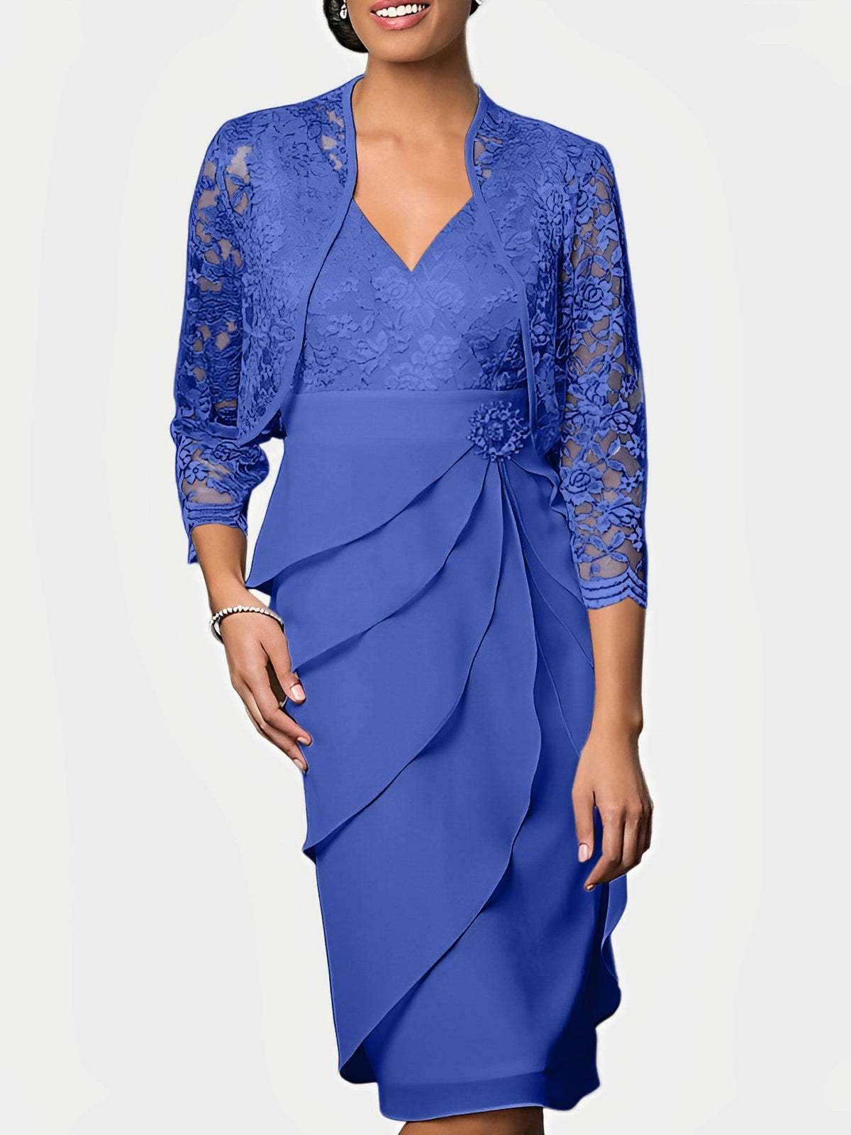 Knee Length V Neck Sheath Mother of the Bride Column Dress
