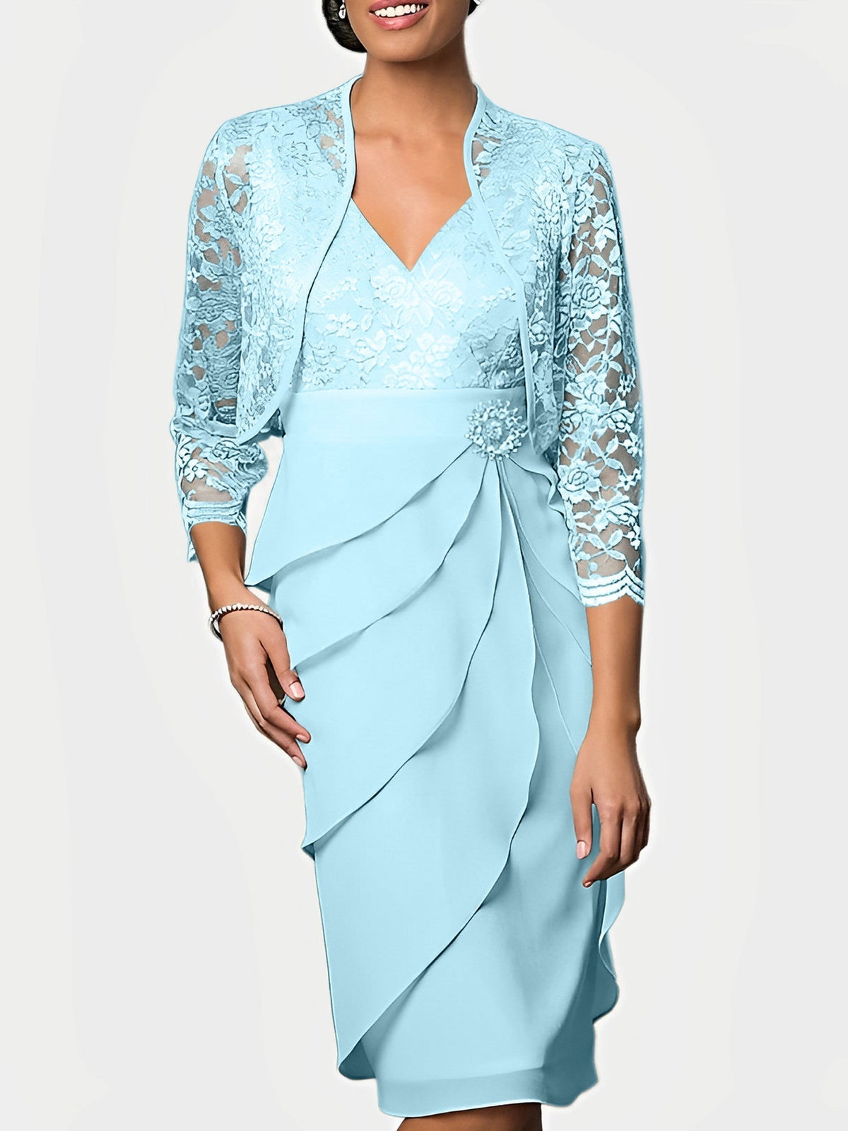Knee Length V Neck Sheath Mother of the Bride Column Dress