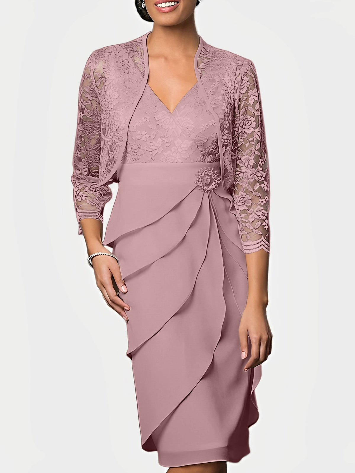 Knee Length V Neck Sheath Mother of the Bride Column Dress