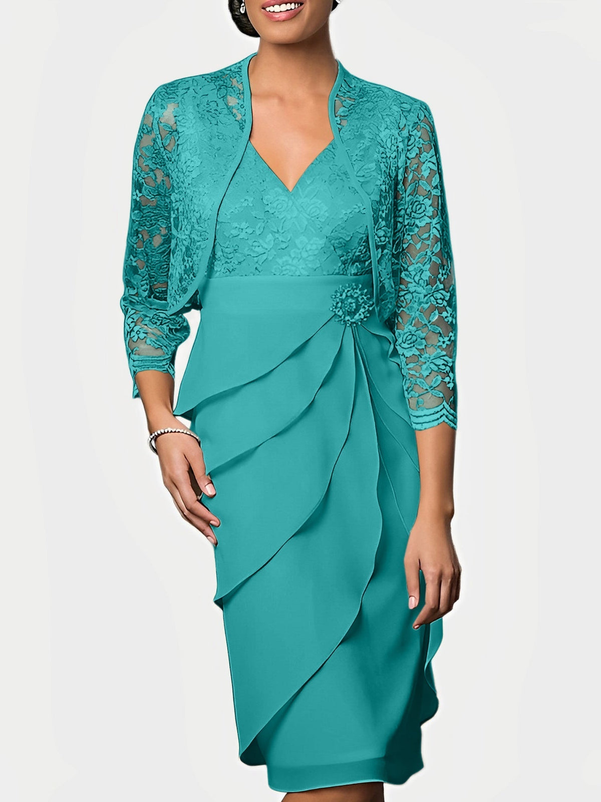 Knee Length V Neck Sheath Mother of the Bride Column Dress