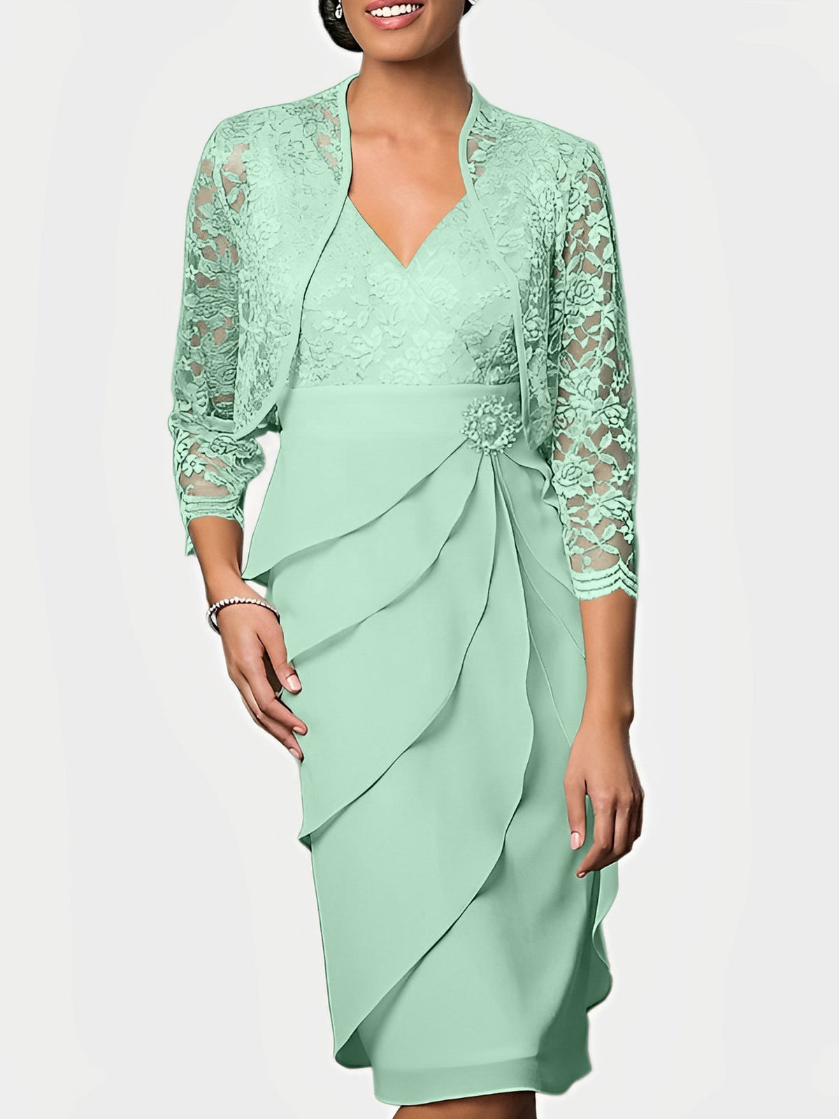 Knee Length V Neck Sheath Mother of the Bride Column Dress