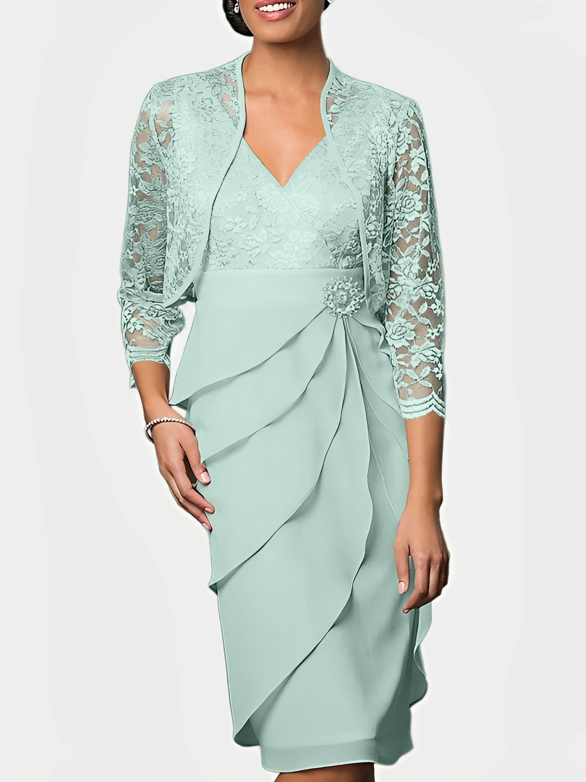 Knee Length V Neck Sheath Mother of the Bride Column Dress