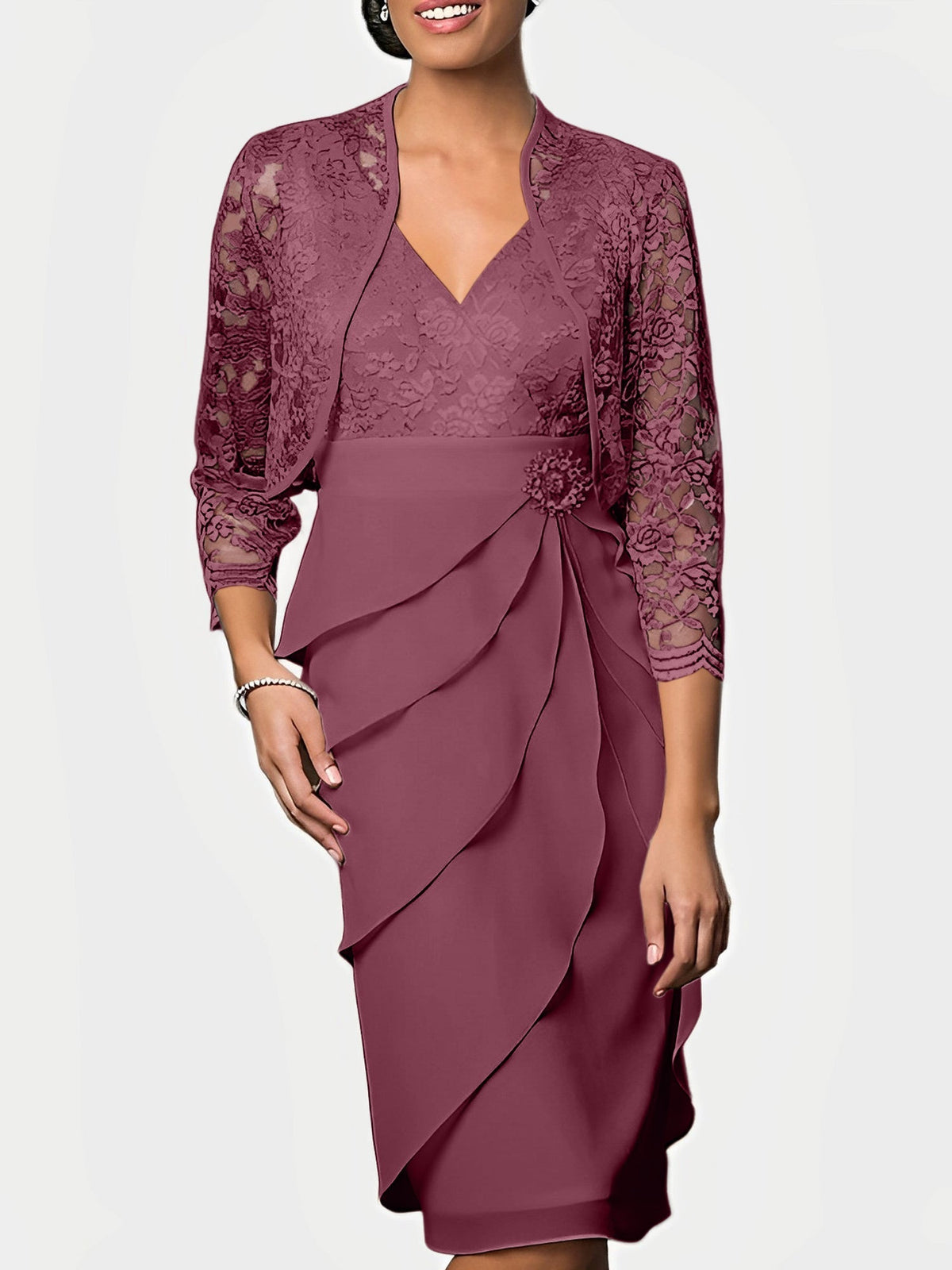 Knee Length V Neck Sheath Mother of the Bride Column Dress
