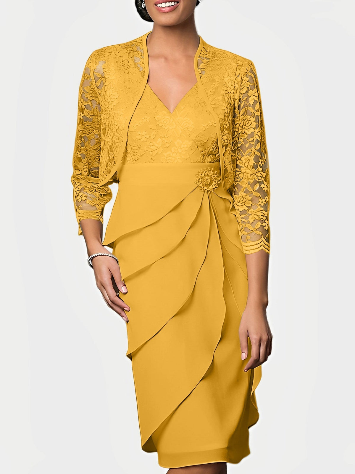 Knee Length V Neck Sheath Mother of the Bride Column Dress