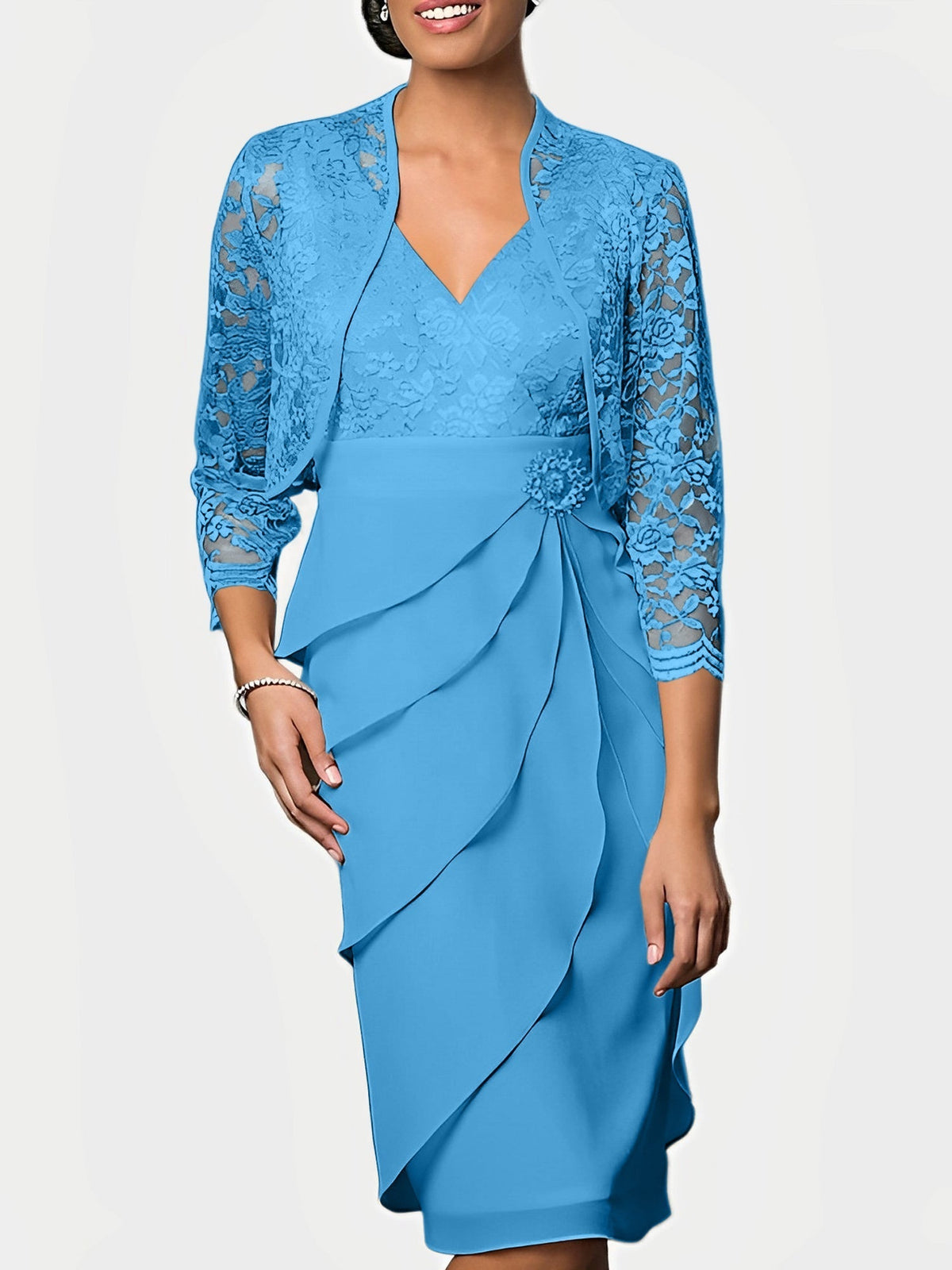 Knee Length V Neck Sheath Mother of the Bride Column Dress