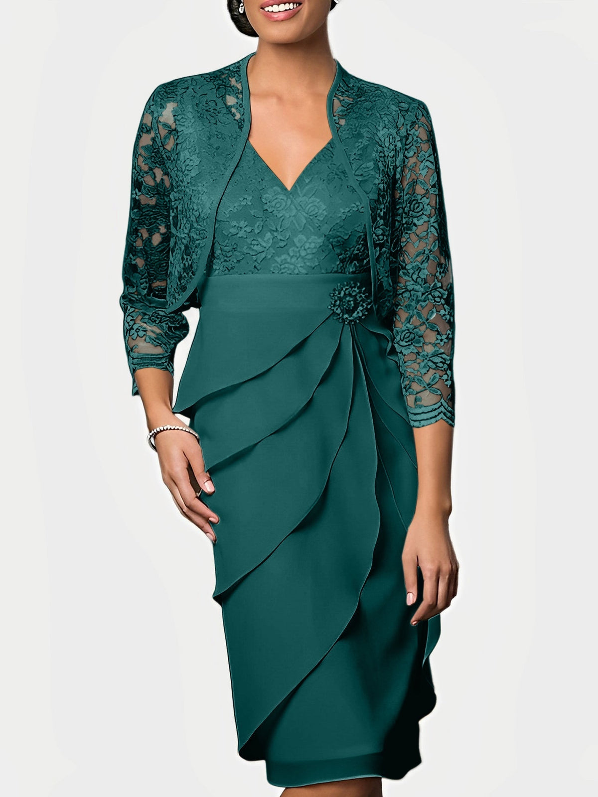 Knee Length V Neck Sheath Mother of the Bride Column Dress
