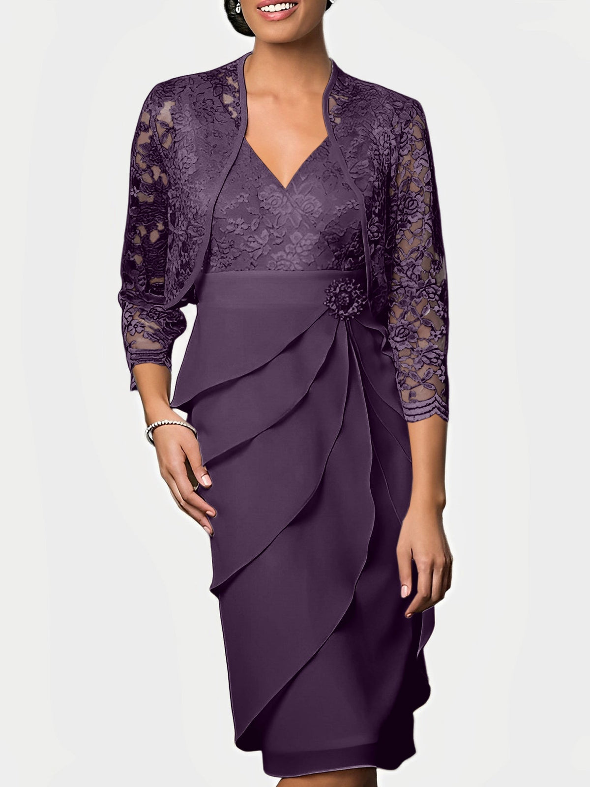 Knee Length V Neck Sheath Mother of the Bride Column Dress