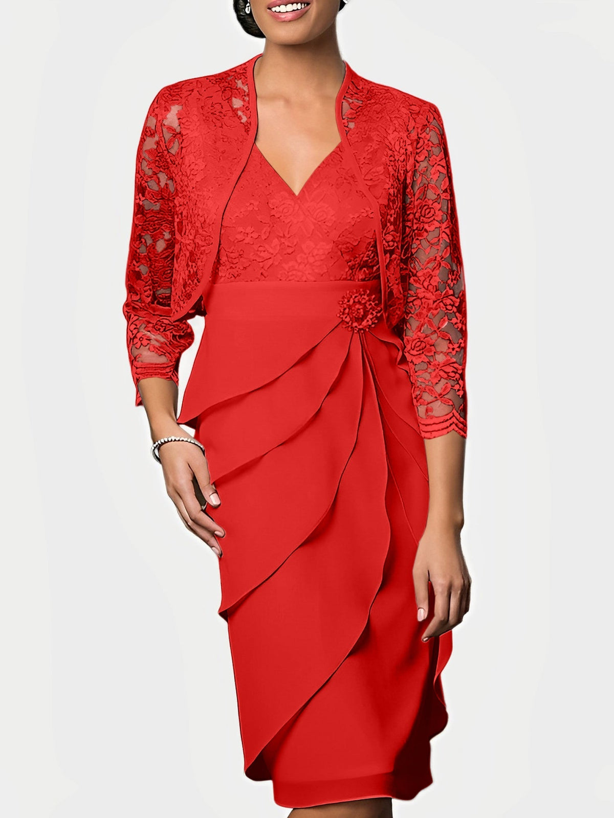 Knee Length V Neck Sheath Mother of the Bride Column Dress