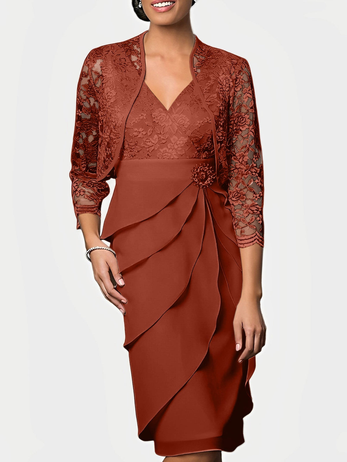 Knee Length V Neck Sheath Mother of the Bride Column Dress