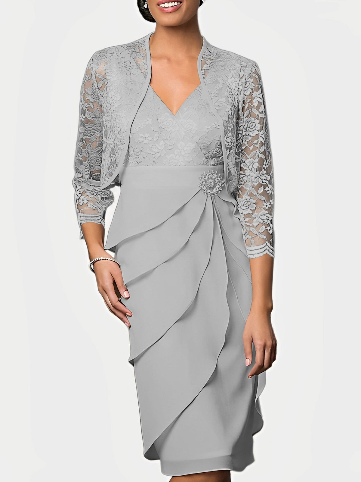 Knee Length V Neck Sheath Mother of the Bride Column Dress