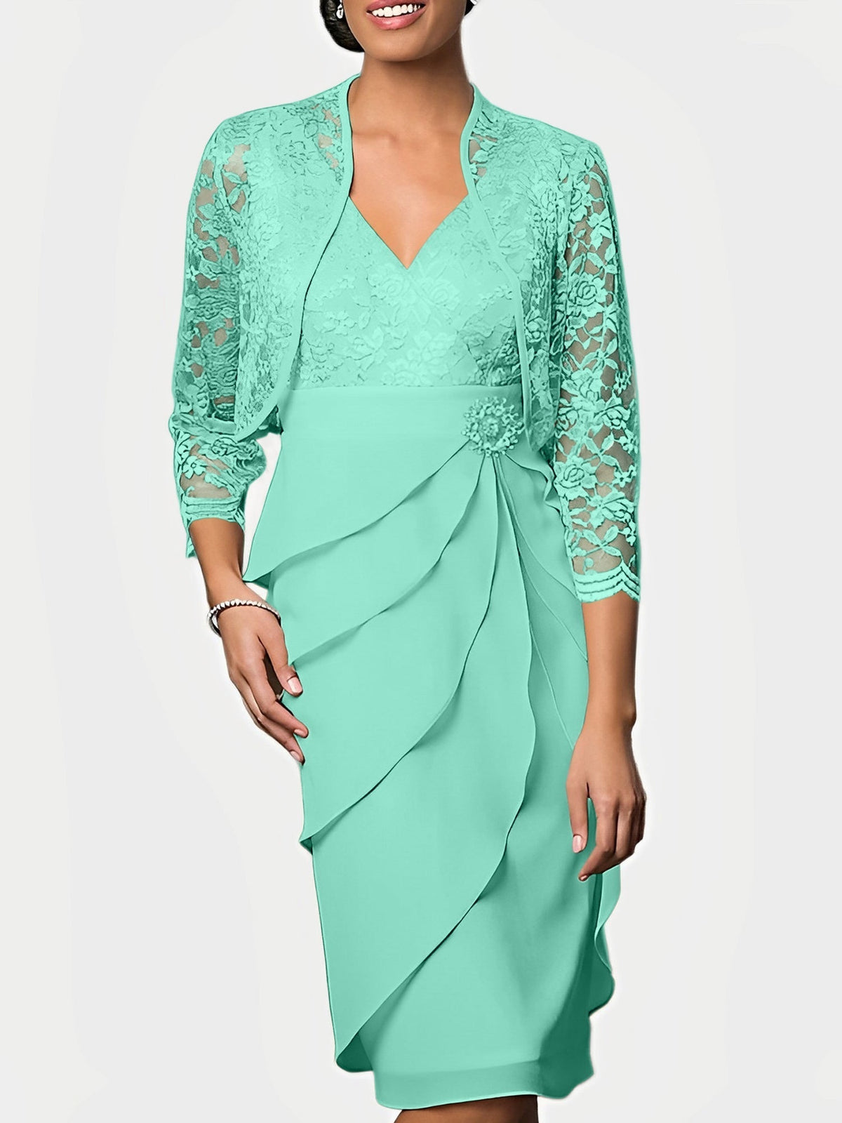 Knee Length V Neck Sheath Mother of the Bride Column Dress