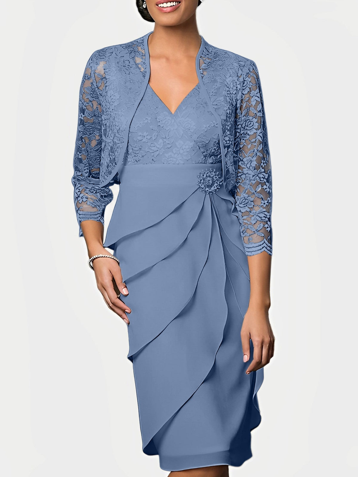 Knee Length V Neck Sheath Mother of the Bride Column Dress