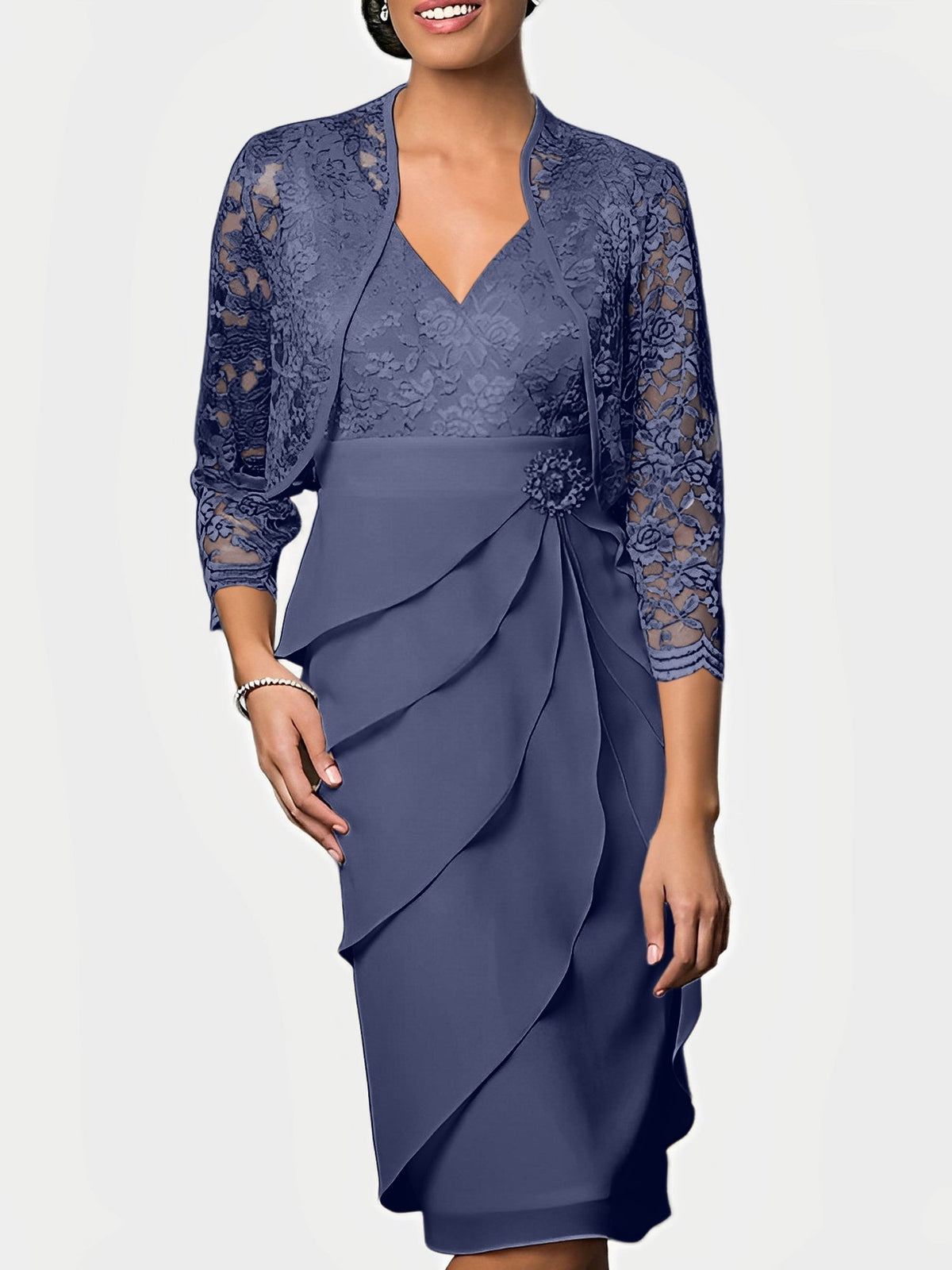 Knee Length V Neck Sheath Mother of the Bride Column Dress
