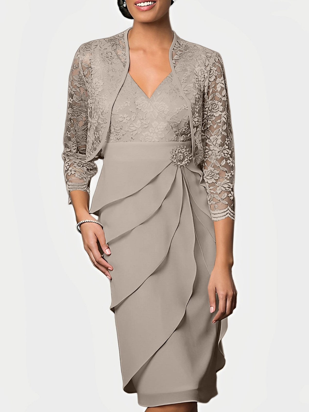 Knee Length V Neck Sheath Mother of the Bride Column Dress
