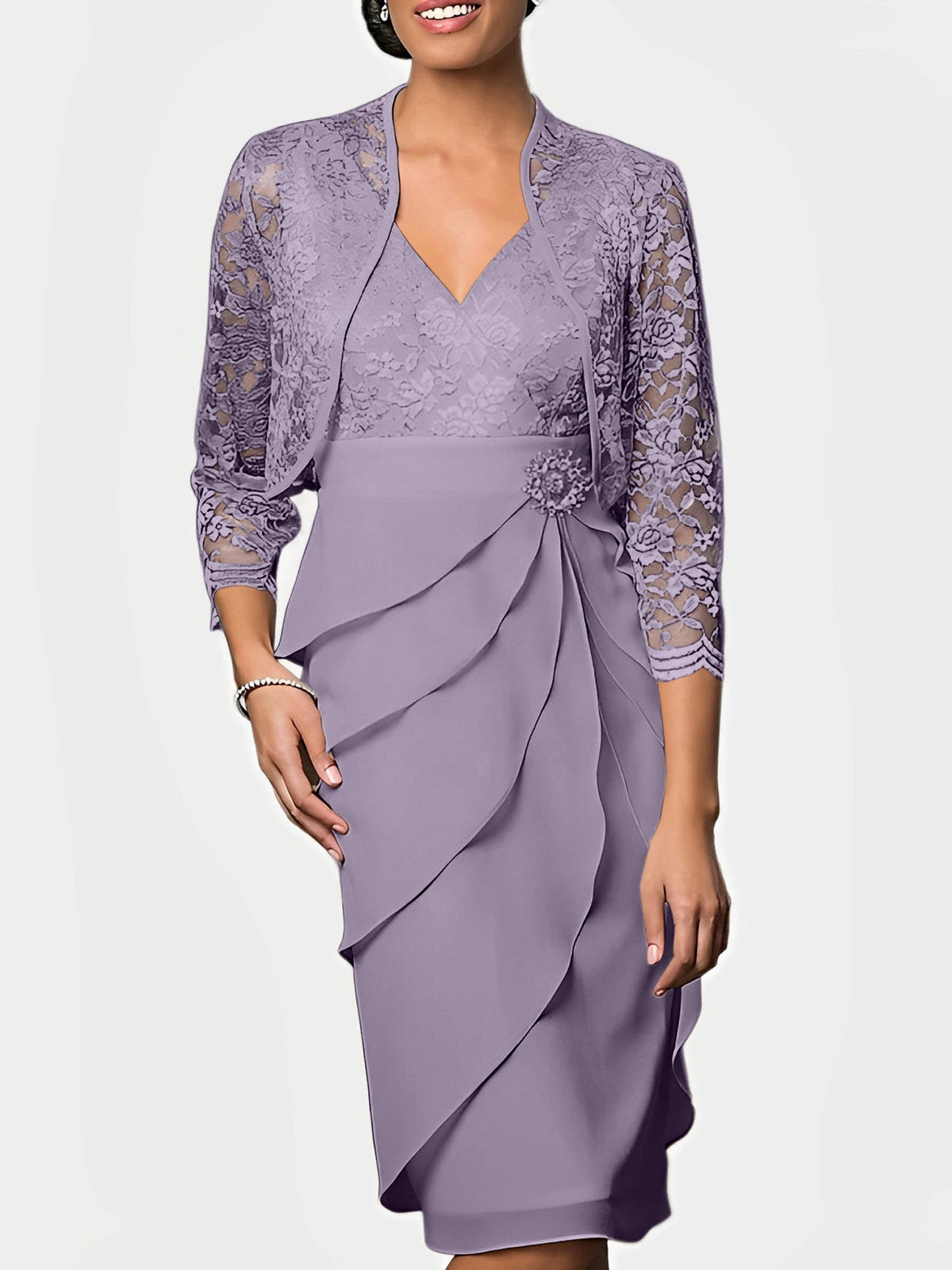 Knee Length V Neck Sheath Mother of the Bride Column Dress