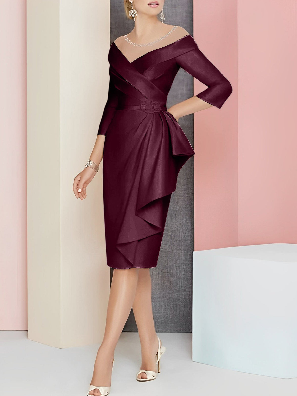 Knee Length V Neck Sheath Column Mother of the Bride Dress