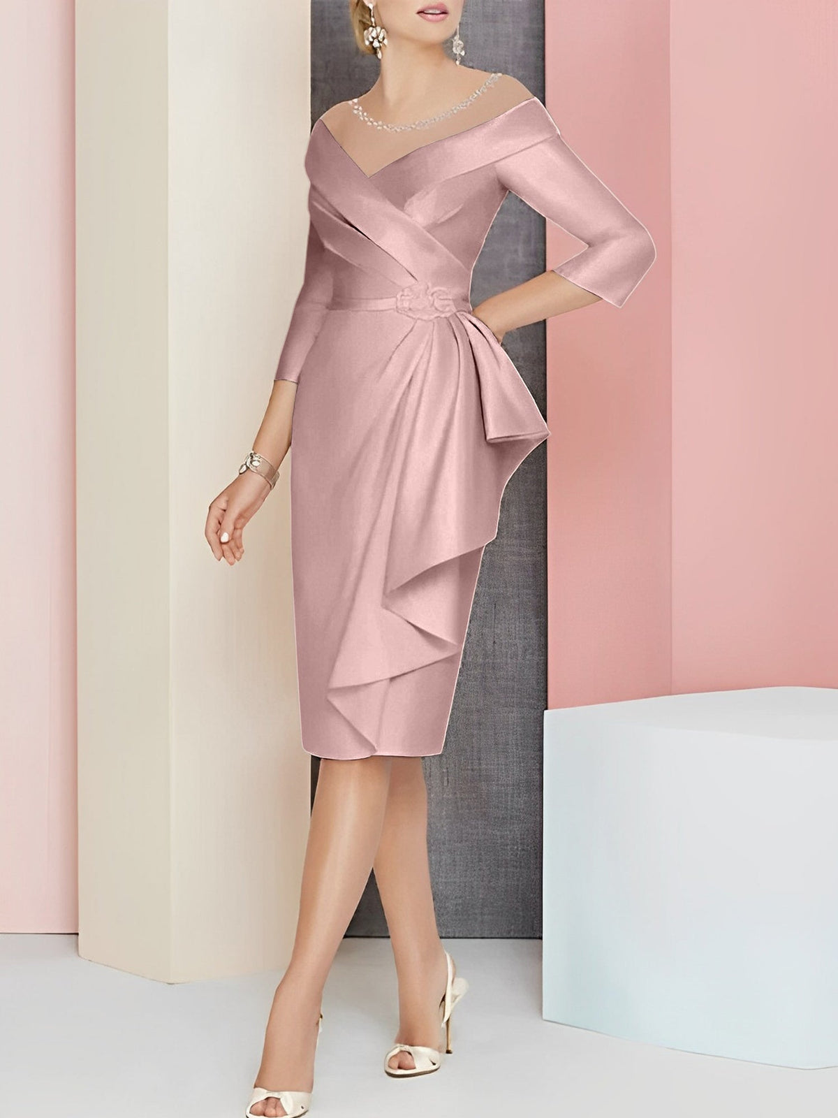 Knee Length V Neck Sheath Column Mother of the Bride Dress