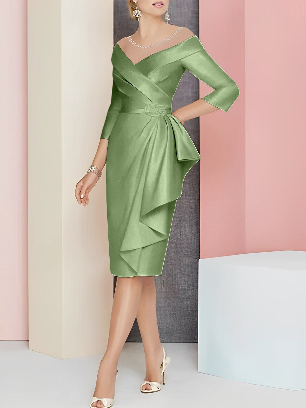 Knee Length V Neck Sheath Column Mother of the Bride Dress