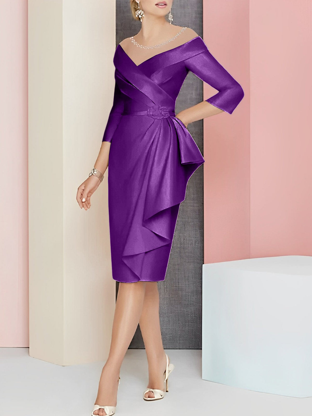 Knee Length V Neck Sheath Column Mother of the Bride Dress