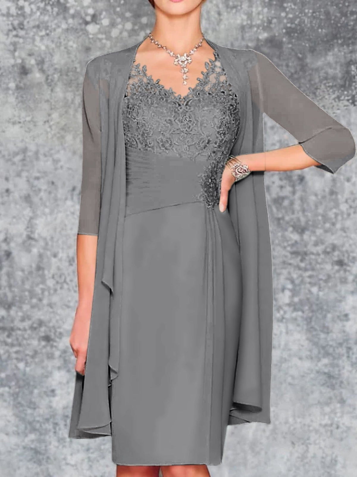 Knee Length V Neck Sheath Column Mother of the Bride Dress