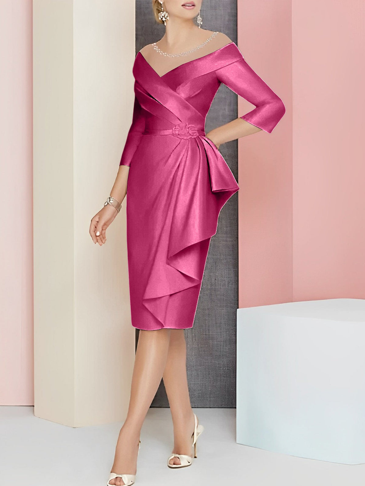 Knee Length V Neck Sheath Column Mother of the Bride Dress