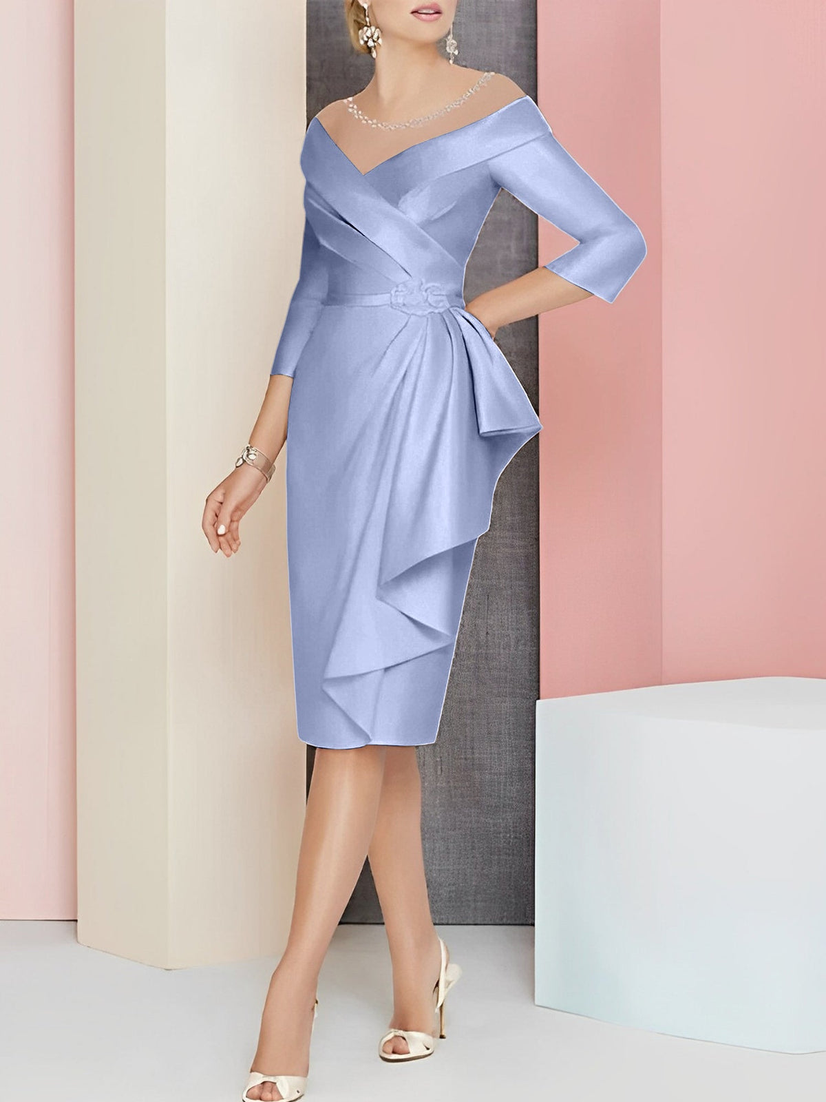 Knee Length V Neck Sheath Column Mother of the Bride Dress