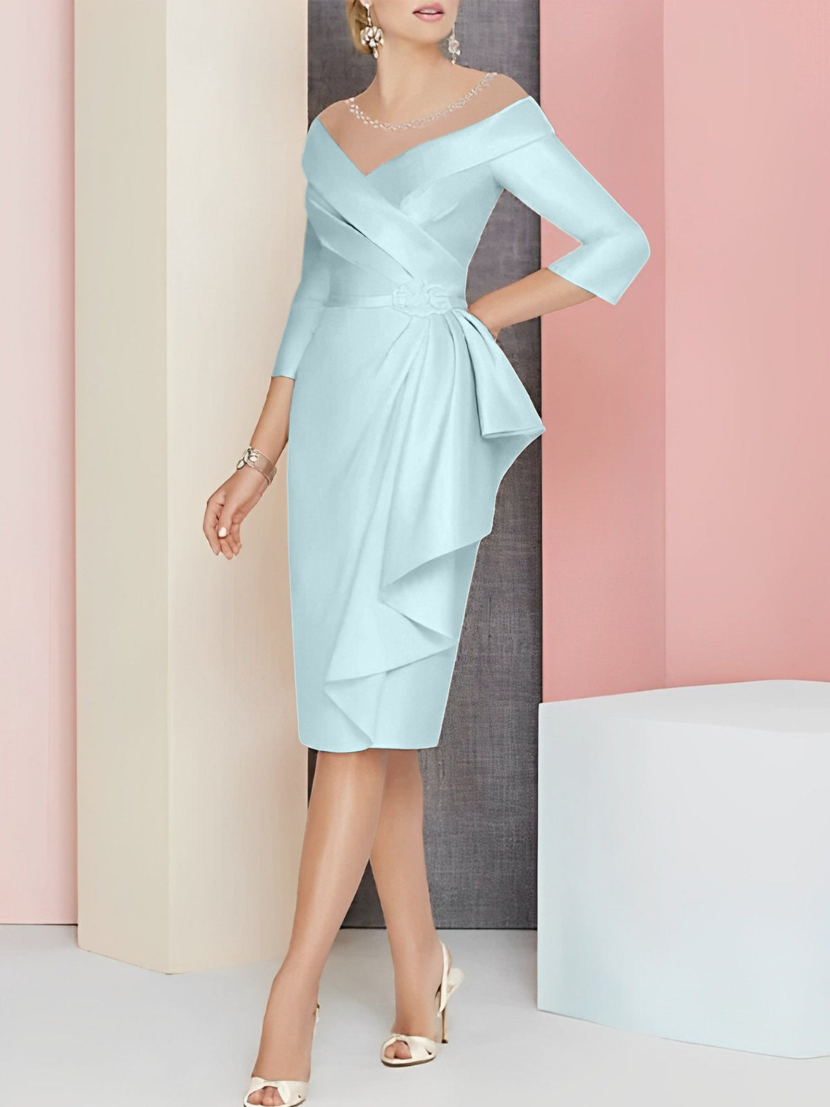 Knee Length V Neck Sheath Column Mother of the Bride Dress