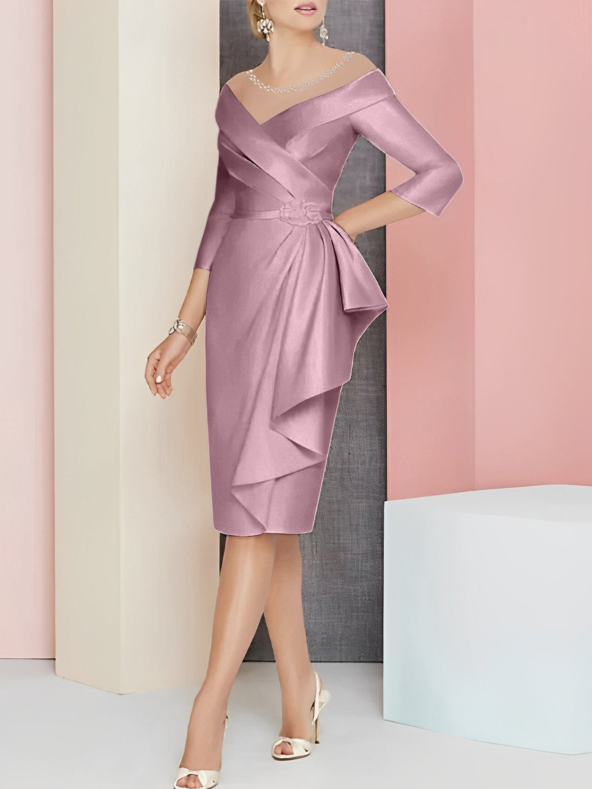 Knee Length V Neck Sheath Column Mother of the Bride Dress