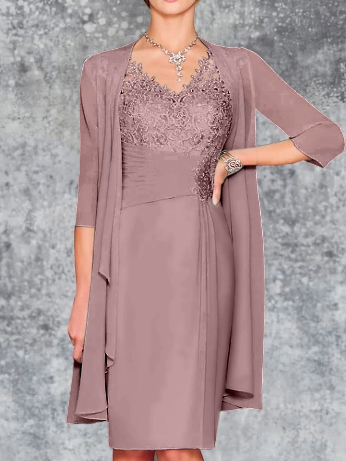 Knee Length V Neck Sheath Column Mother of the Bride Dress