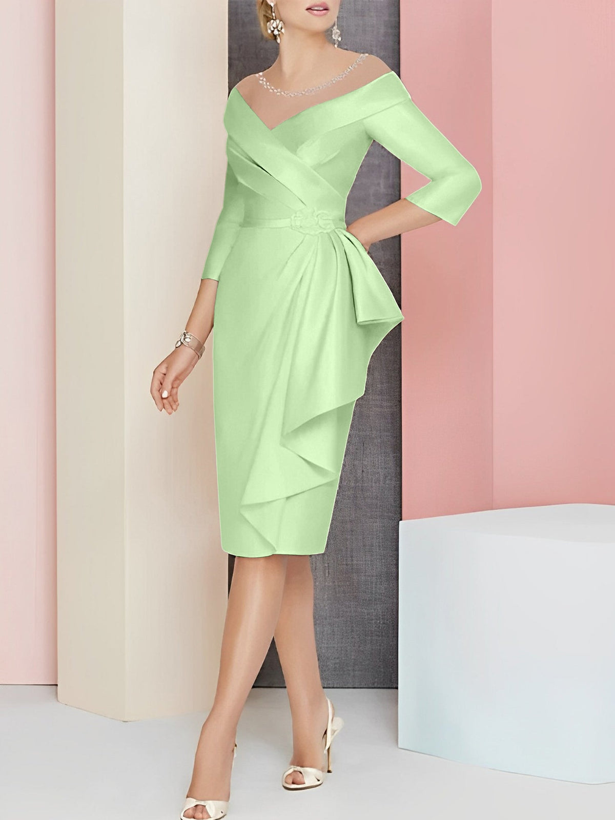 Knee Length V Neck Sheath Column Mother of the Bride Dress
