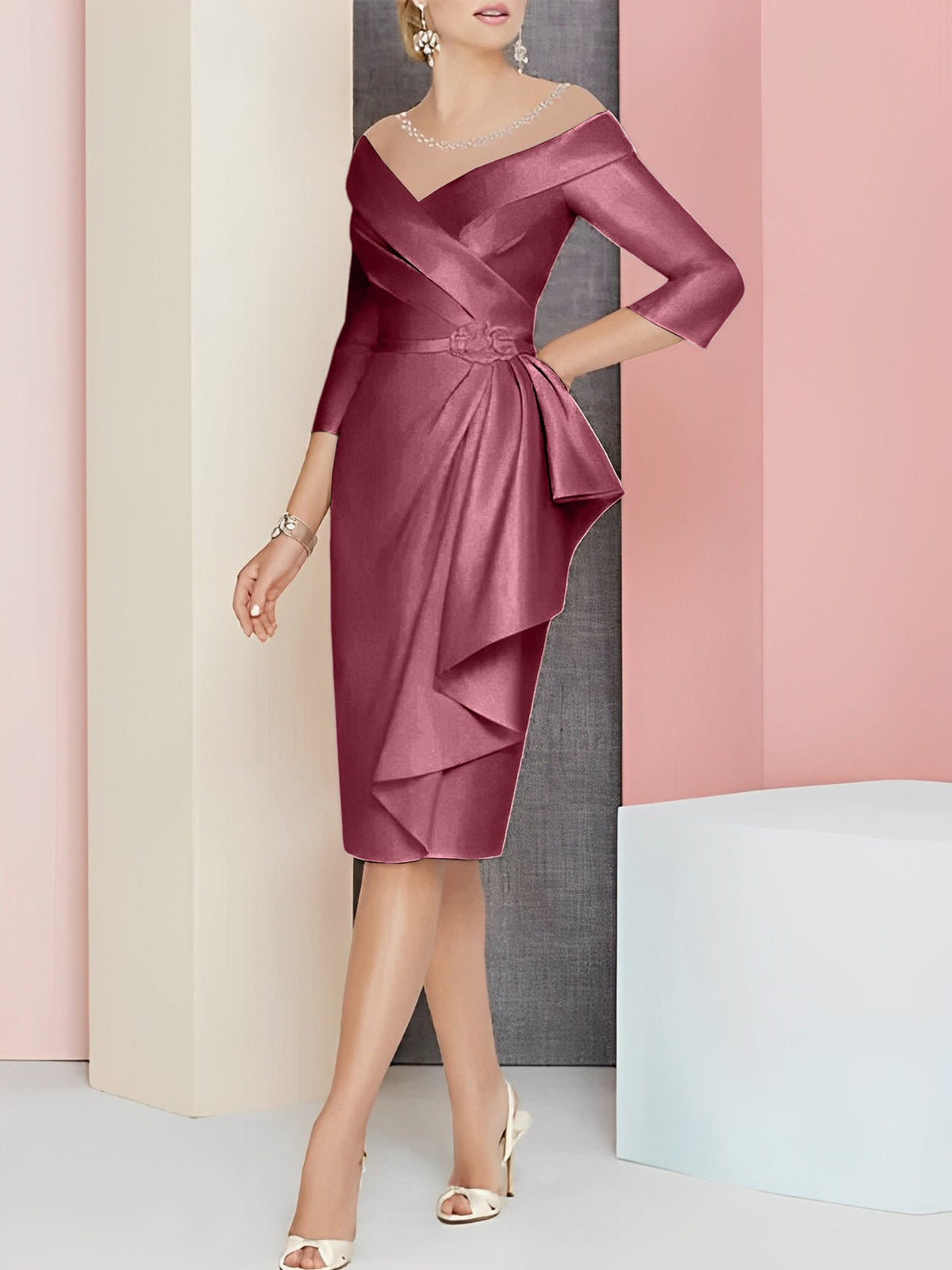 Knee Length V Neck Sheath Column Mother of the Bride Dress