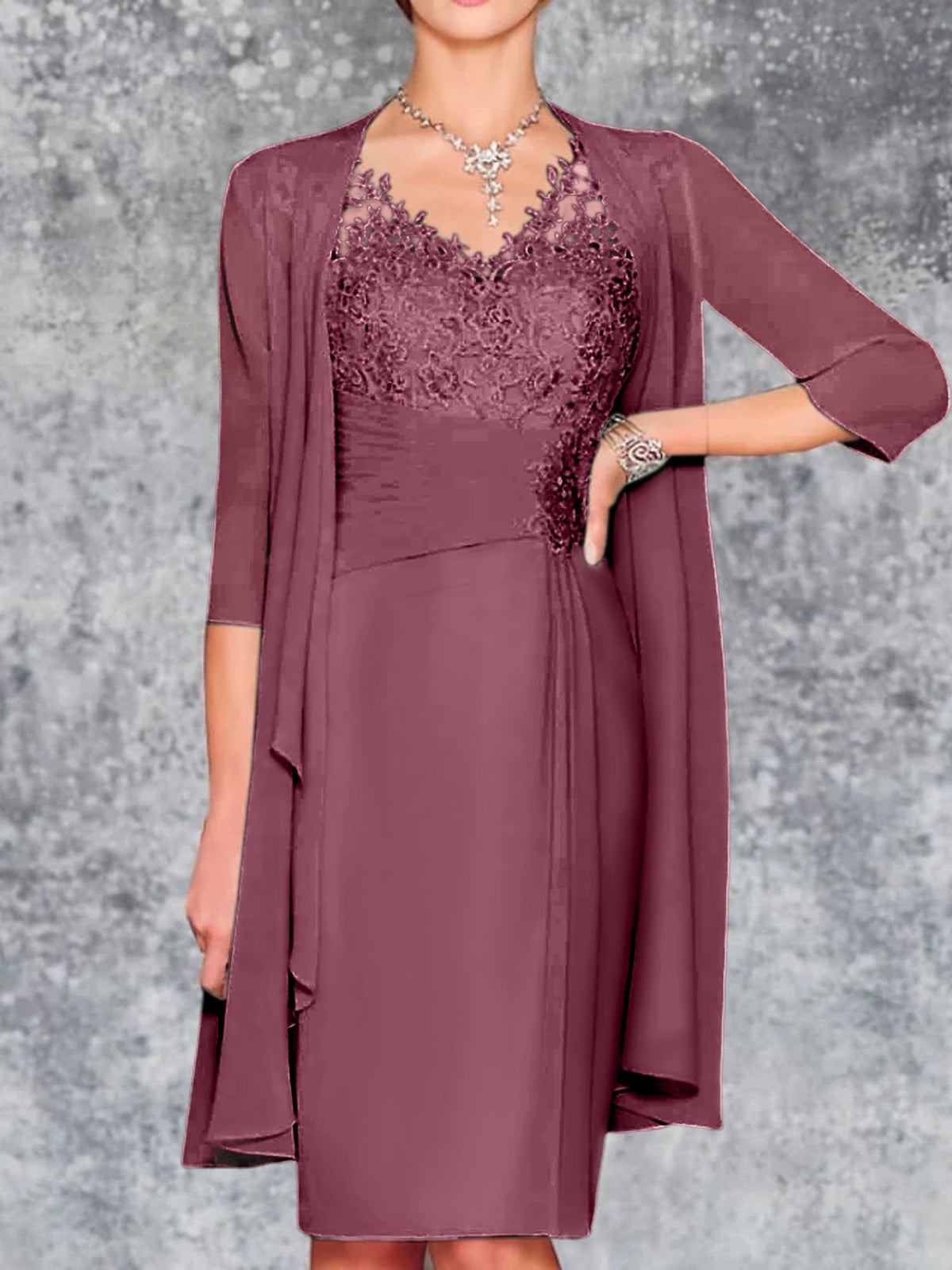 Knee Length V Neck Sheath Column Mother of the Bride Dress