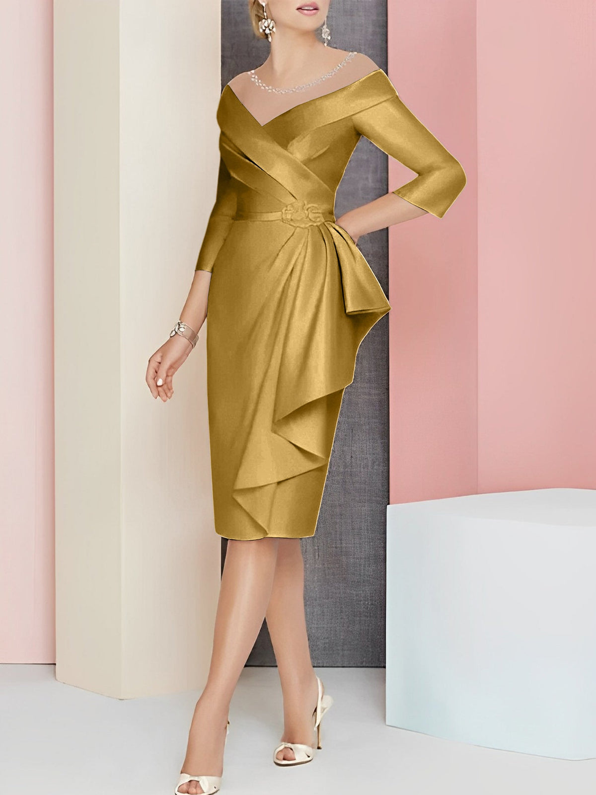 Knee Length V Neck Sheath Column Mother of the Bride Dress