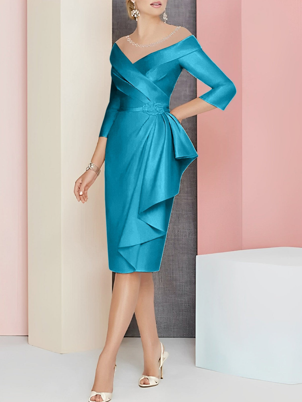 Knee Length V Neck Sheath Column Mother of the Bride Dress