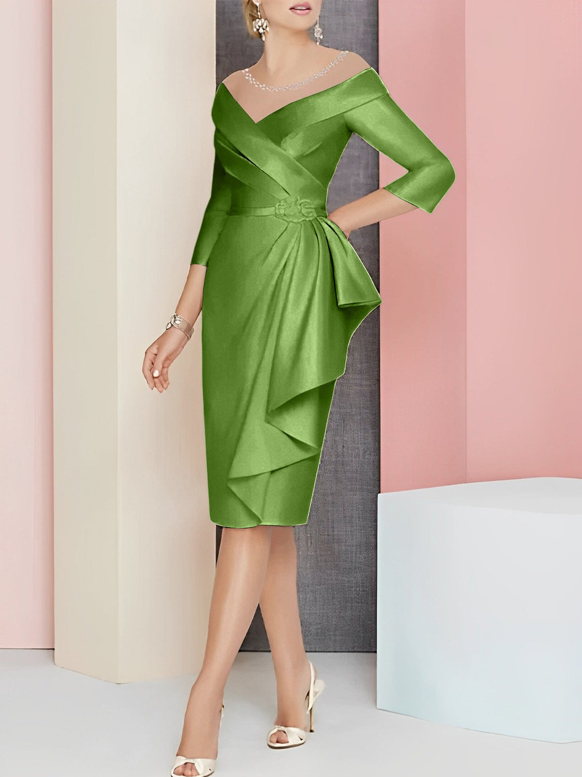 Knee Length V Neck Sheath Column Mother of the Bride Dress