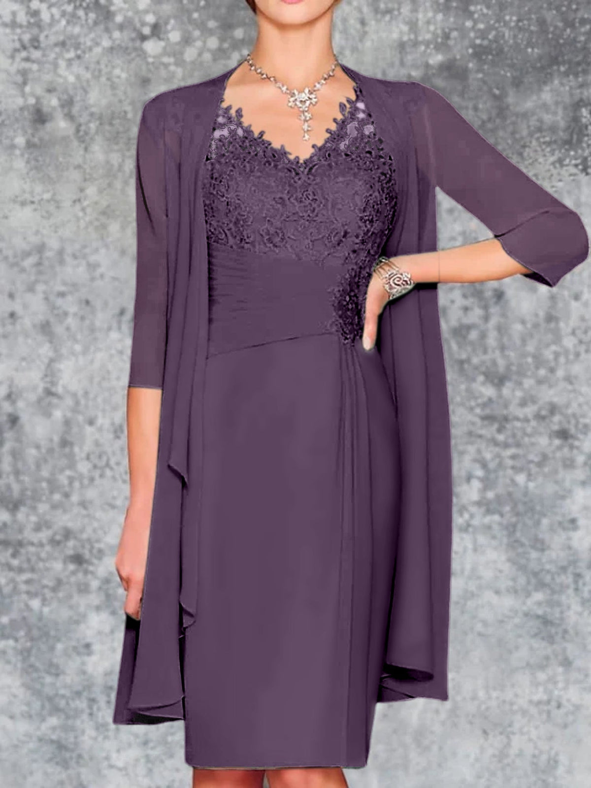 Knee Length V Neck Sheath Column Mother of the Bride Dress