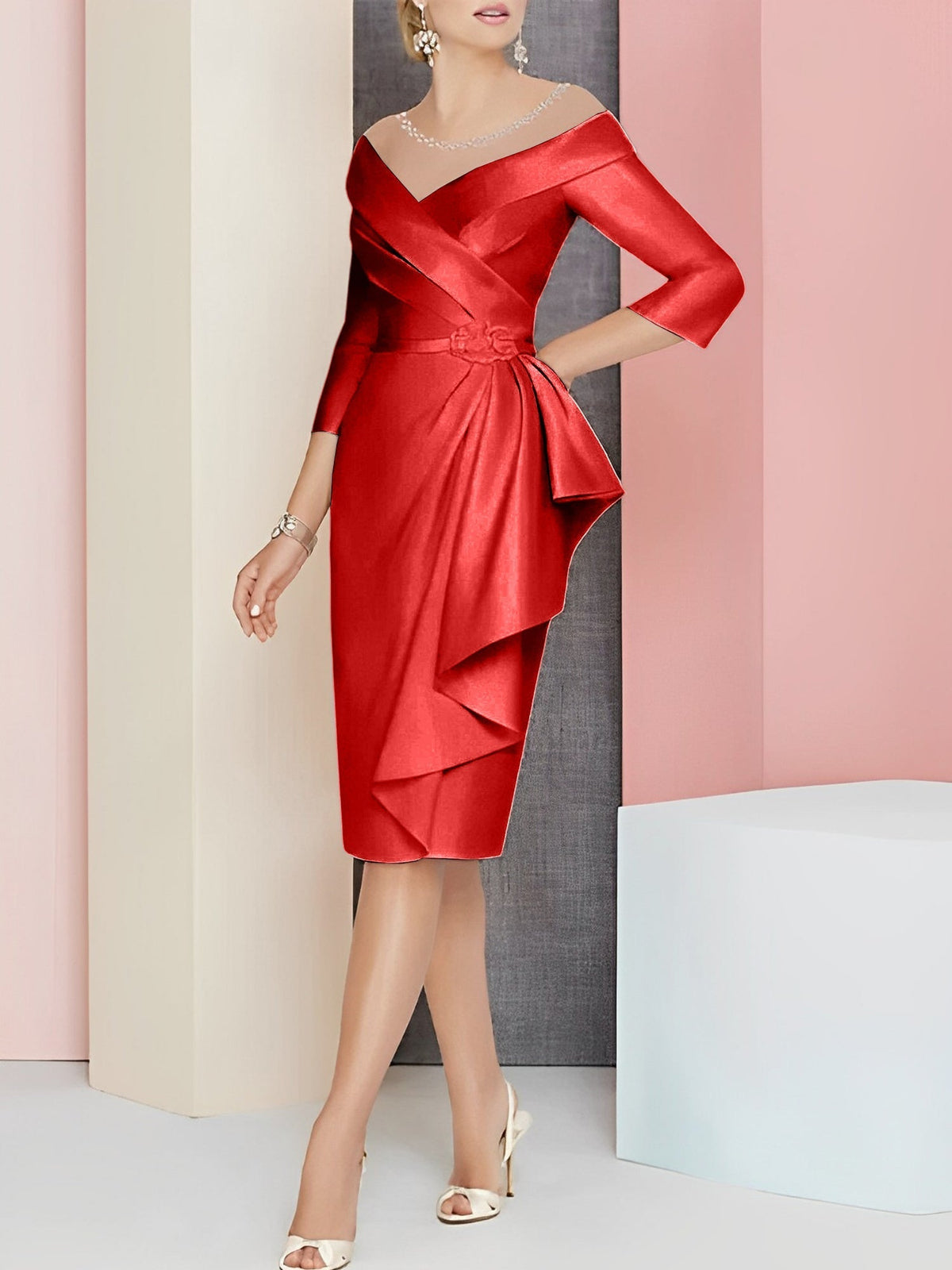 Knee Length V Neck Sheath Column Mother of the Bride Dress