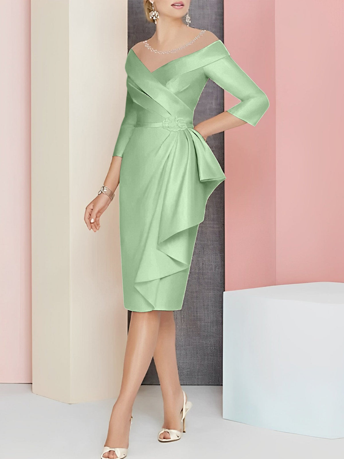Knee Length V Neck Sheath Column Mother of the Bride Dress
