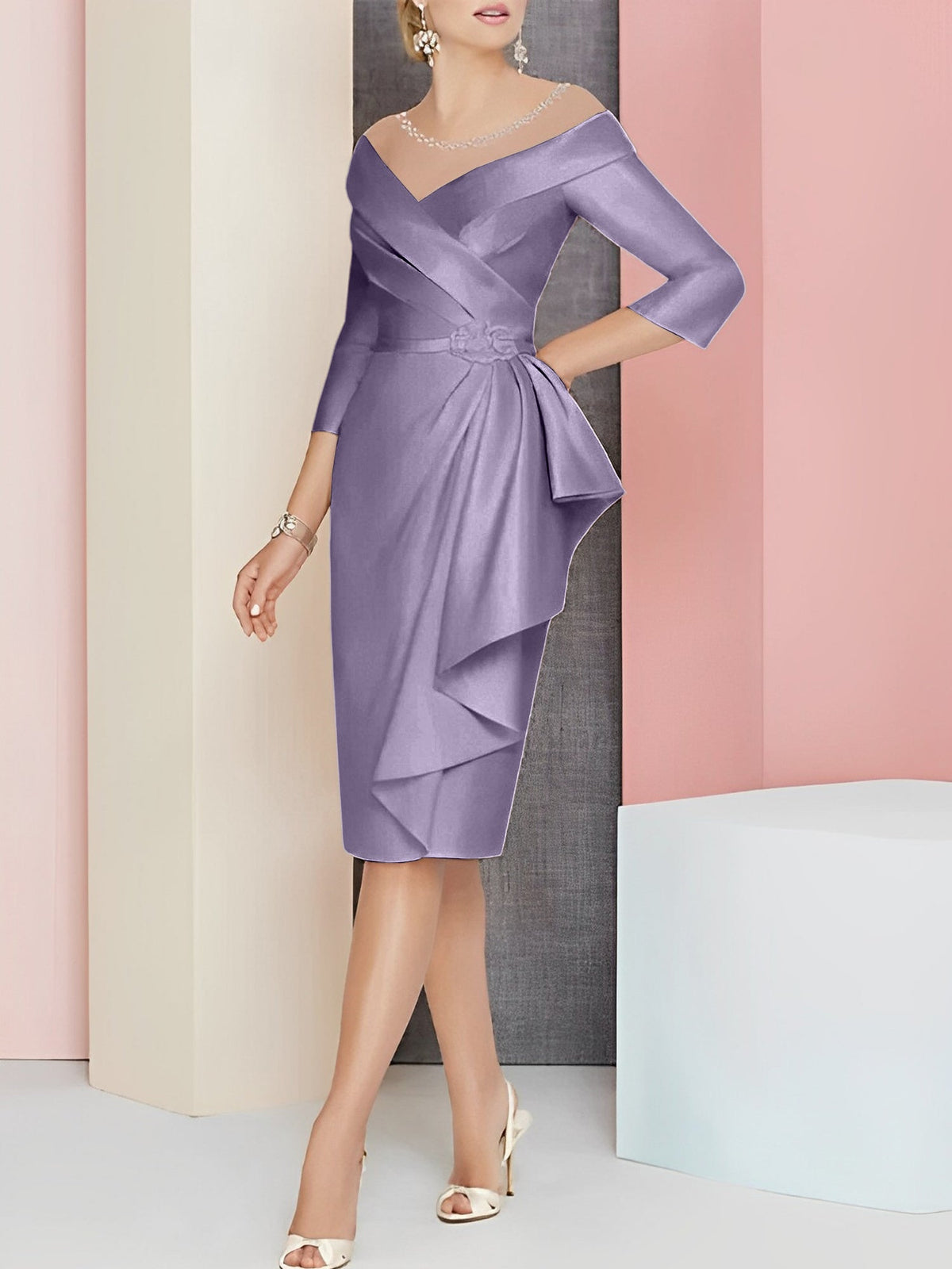 Knee Length V Neck Sheath Column Mother of the Bride Dress