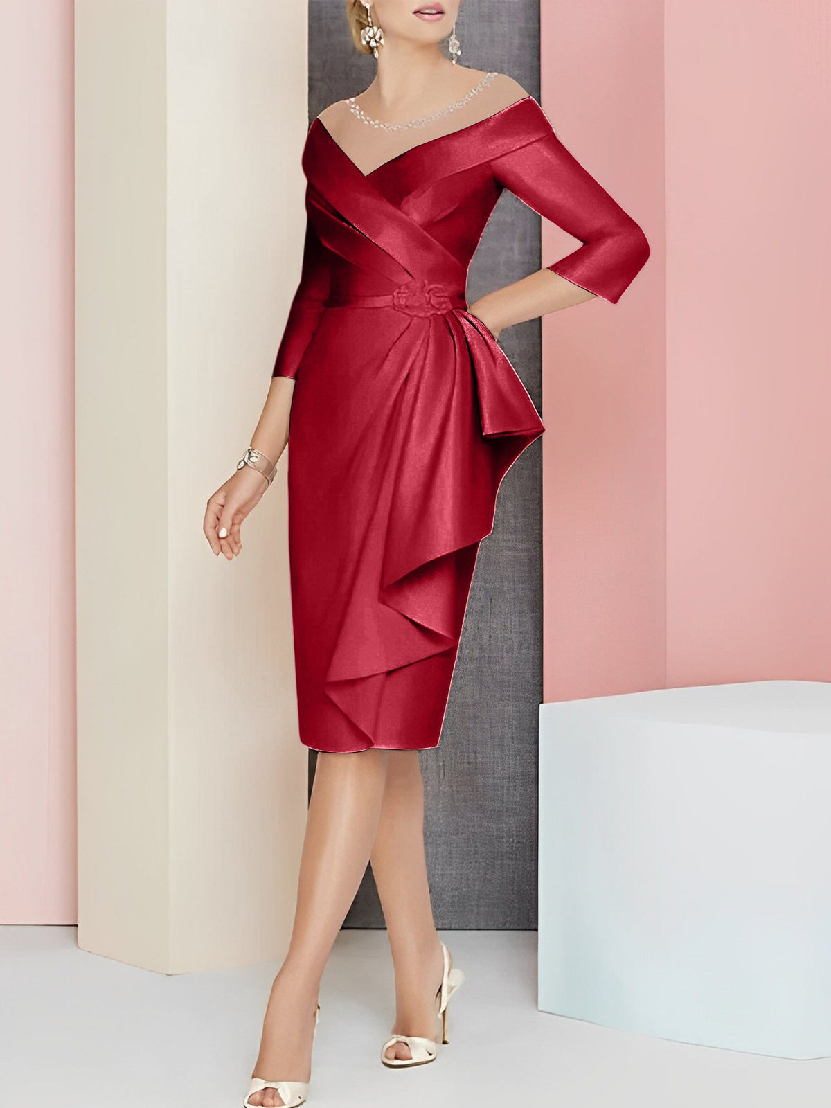 Knee Length V Neck Sheath Column Mother of the Bride Dress