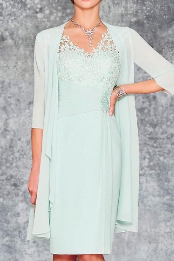 Knee Length V Neck Sheath Column Mother of the Bride Dress