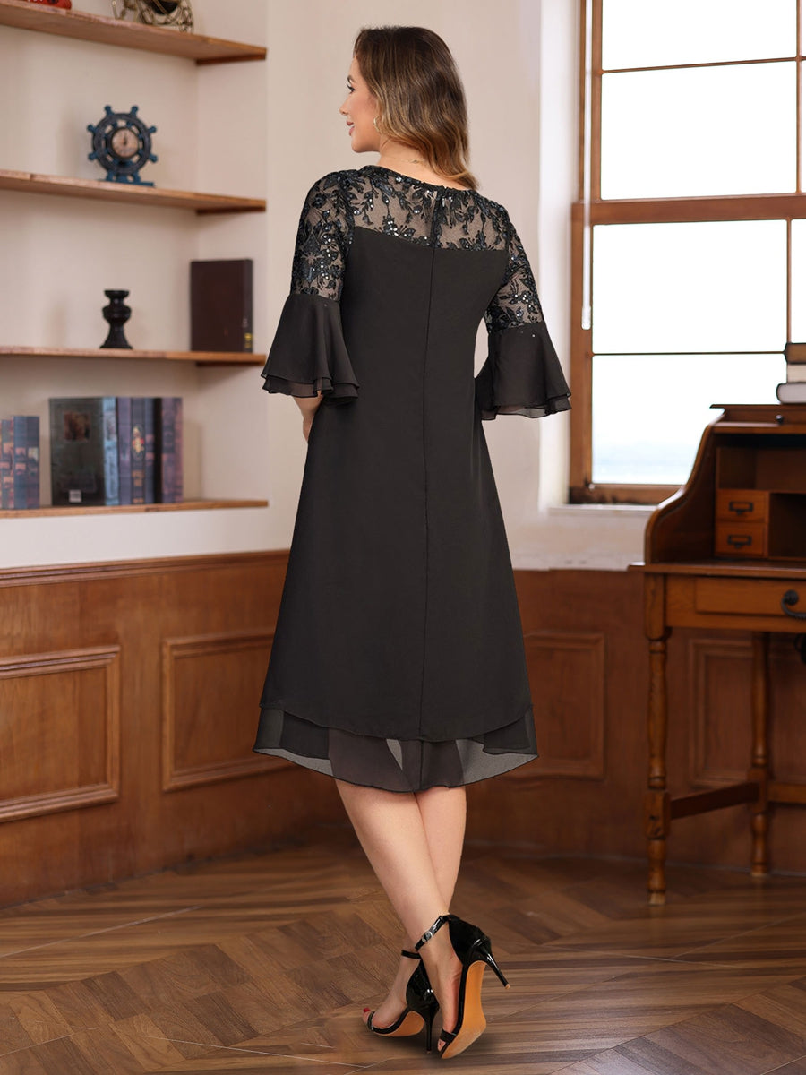 Knee length A line Dress with Round Neck Half Sleeves Lace Appliques and Ruffles for Mothers of the Bride & Groom