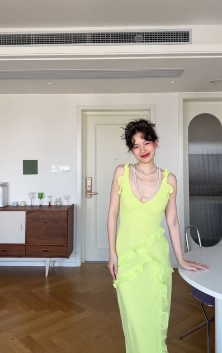 Chic V Neck Lime Green Satin Ruffled Mermaid Party Dress Slit Long Evening Gown - View 2 | VelvetHem