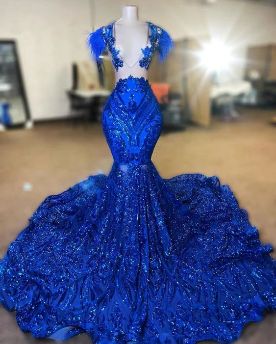 Feather Modest Evening Dress Elegant Royal Blue Sparkly Mermaid Prom Gown Y6657 - VelvetHem