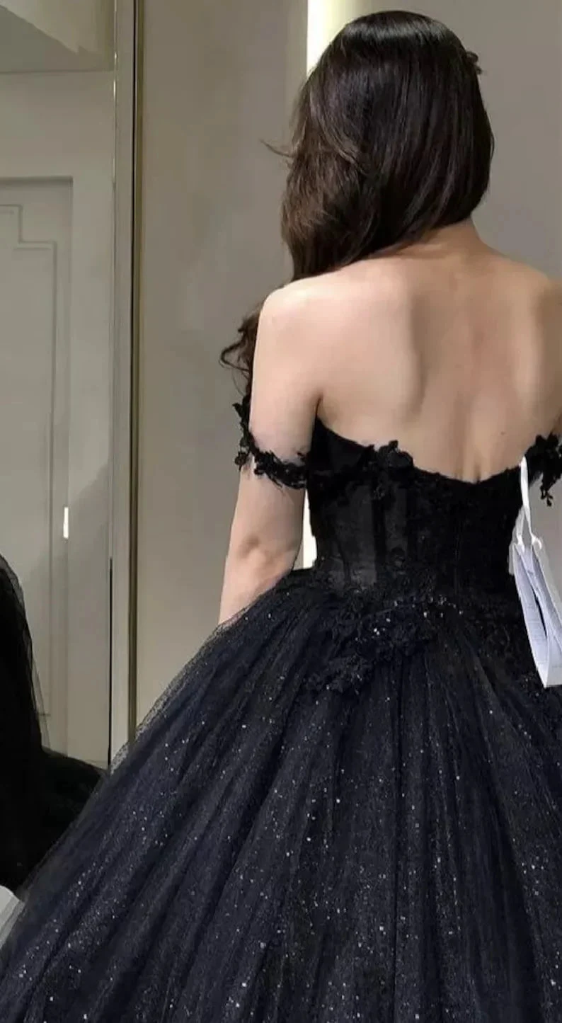 Lace Applique Tulle Dress, Black Glitter Wedding Dress, 3D Flowers Long Evening Dress (ZD13610)