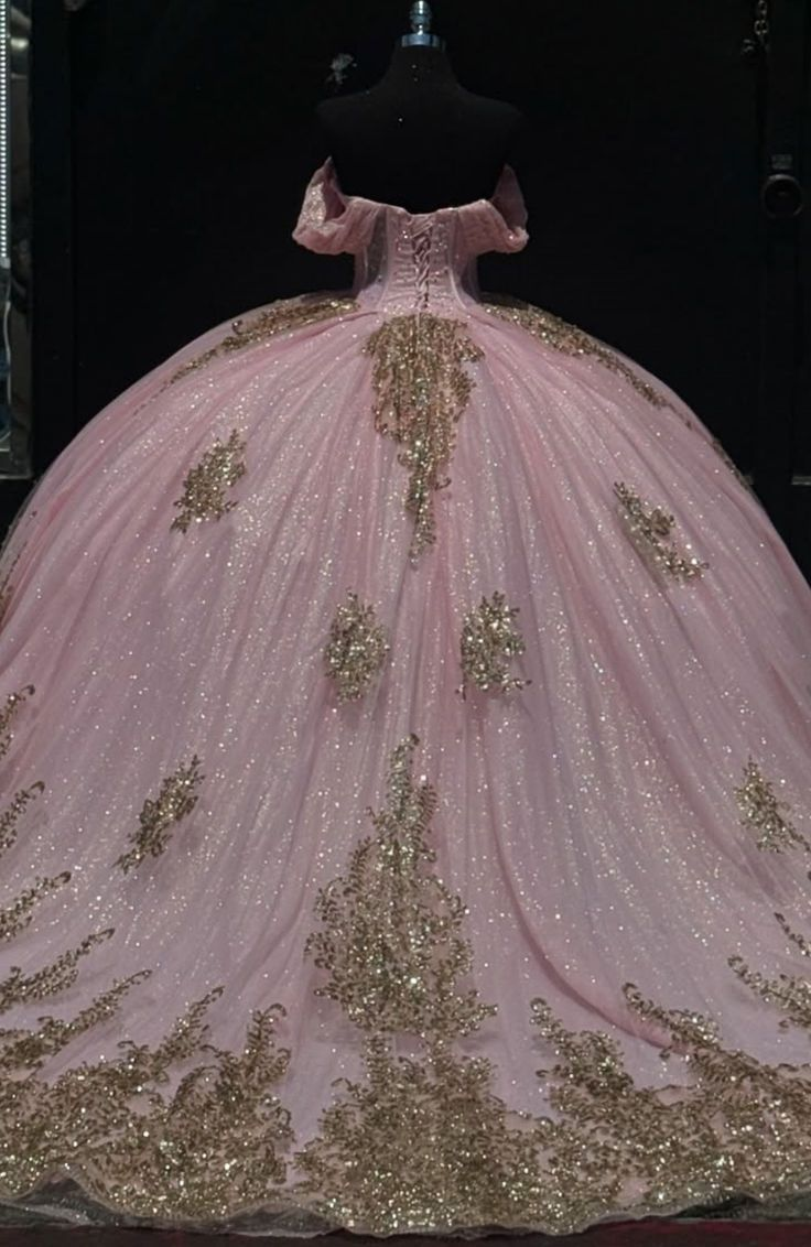 Glitter Pink Tulle Sequins Sweet 16 Ball Gown Off The Shoulder Quinceanera Dress - View 2 | VelvetHem