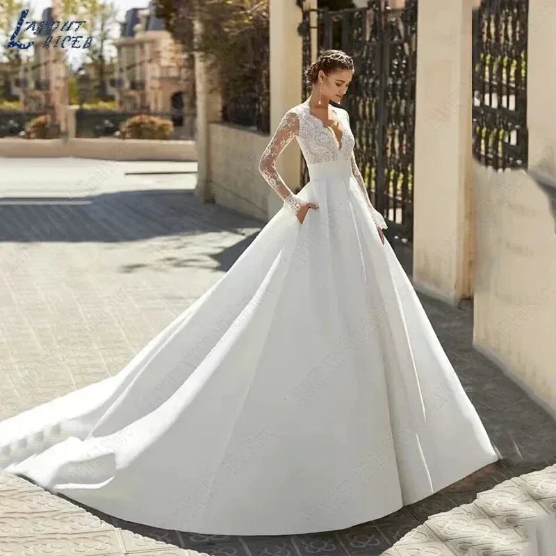 Elegant Wedding Dresses For Woman Vestidos De Novia V Neck Lace Long Sleeves Satin Bridal Gown Illusion Back Bride by payinti