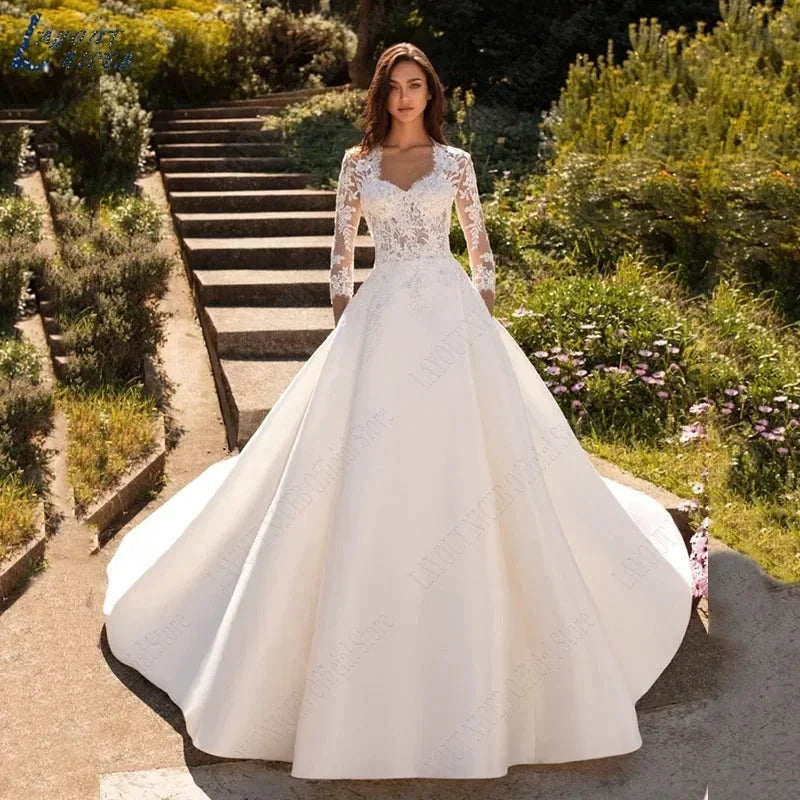 Wedding Dresses For Woman Lace Half Sleeves Luxury Satin Bridal Gown Illusion Appliqued Bride Vestidos De Boda 2023 (ZD13353)