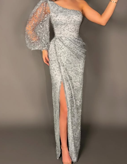 Sexy Silver Gray One Shoulder Sequin Sheath Long Prom Dress Slit Evening Dress Y8529 - VelvetHem